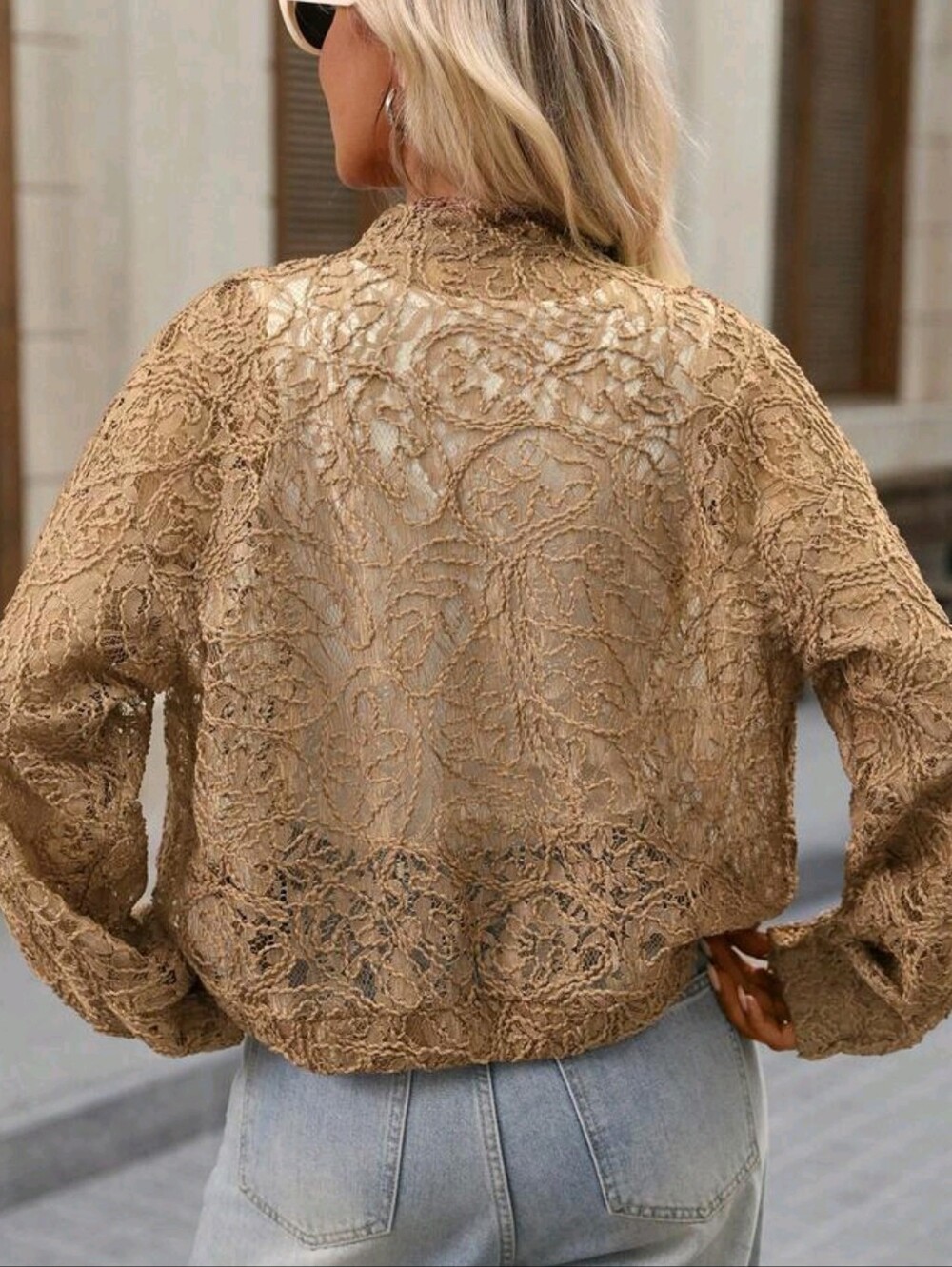 Women's Lace Overlay Zip-Up Jacket - Camel - Picture 3 of 9